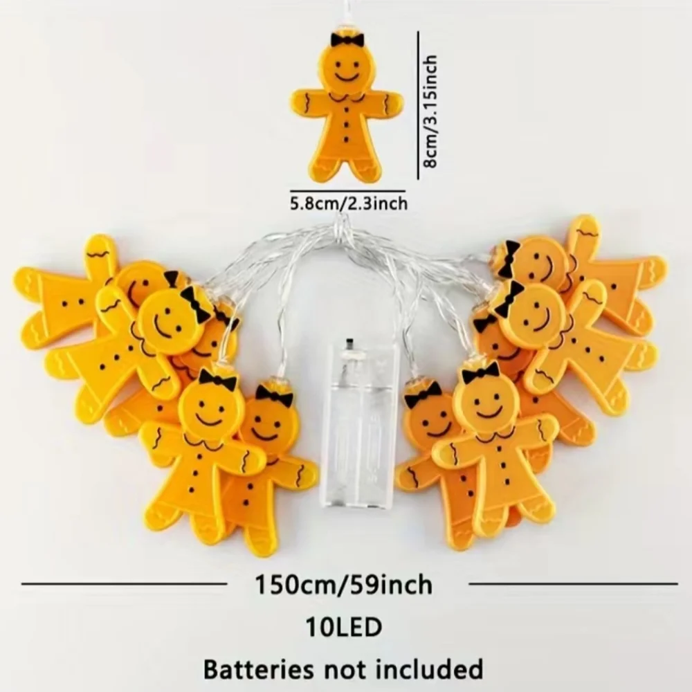 New Gingerbread Man Woman String Of 10 LED Lights Battery Operated.